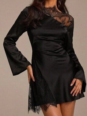 Black Elegant Women's Lace Patchwork Flare Sleeve Mini Dress